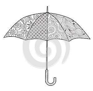 Umbrella in Zentangle inspired doodle style isolated on white. Coloring book page for adult