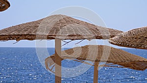 Umbrellas on the Background of the Sea on the Empty Beach in Egypt