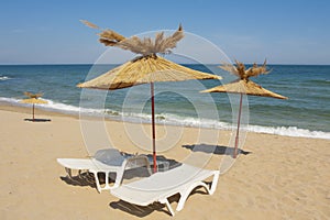 Umbrellas on the beach, St. Constantine and Helena resort, Varna province, Bulgaria