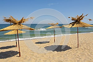 Umbrellas on the beach, St. Constantine and Helena resort, Varna province, Bulgaria