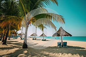 Umbrellas and chaise longues perfect beach with blue transparent sea