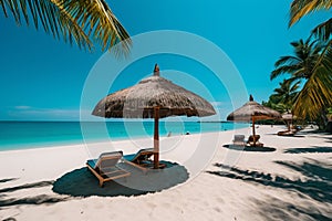 Umbrellas and chaise longues perfect beach with blue transparent sea