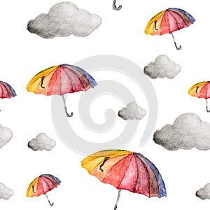Umbrellas and clouds seamless pattern.