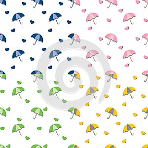 Umbrellas and hearts with shadows - seamless repeat pattern in 4 colors.