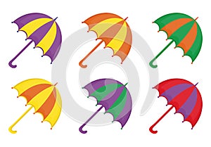 Umbrellas icon set, flat or cartoon style. Beach multicolored umbrella collection of design elements. Isolated on white