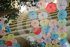 Umbrellas in the interior. hotel interior with umbrellas