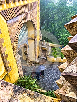 Umbrellas at Pena Palace on a rainy day