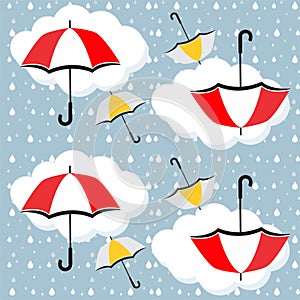 Umbrellas, rain drops and clouds Seamless pattern - vector