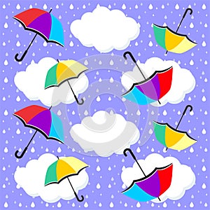 Umbrellas, rain drops and clouds Seamless pattern - vector