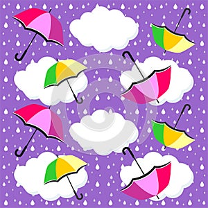 Umbrellas, rain drops and clouds Seamless pattern - vector