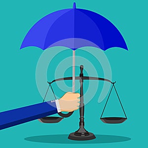 Umbrellas and scales. The concept of justice protection. vector illustration