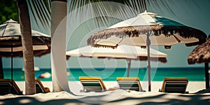 Umbrellas and sunbeds on the beach with coconut trees in the background Generative AI