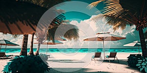 Umbrellas and sunbeds on the beach with coconut trees in the background Generative AI