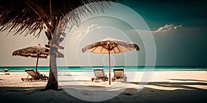 Umbrellas and sunbeds on the beach with coconut trees in the background Generative AI