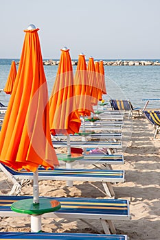 Umbrellas and sunbeds in Rimini and Riccione and Cattolica Beach