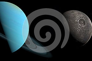 Umbriel moon orbiting around Uranus planet in the outer space. 3d render