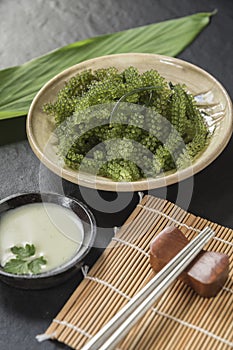 Umi-budou Seaweed or Green Caviar Healthy sea food or sea grapes seaweed on plate