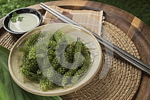 Umi-budou Seaweed or Green Caviar Healthy sea food or sea grapes seaweed on plate