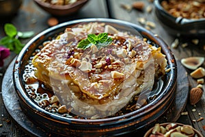 Umm Ali Egyptian Dessert, Egyptian Bread Pudding Made with Sweet Pastry Dough Layers, Milk, Sugar