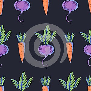 ummer garden carrot, beetroot cartoon vegetable seamless pattern, bright texture