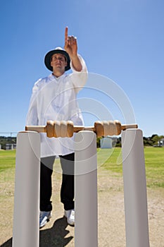 Umpire signalling six while standing behind stumps