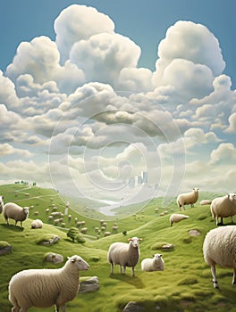 Un Ciel Avec Des Moutons Qui Tombent, A Group Of Sheep On A Green Hill photo