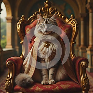 Un majestuoso gato con corona y capa dorada sentado en un trono real en un palacio lujoso photo