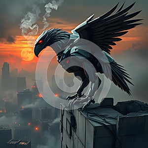 Un majestuoso halcÃ³n robÃ³tico vigila la ciudad desde lo alto de un edificio al atardecer, con un cielo ardiente de fondo photo