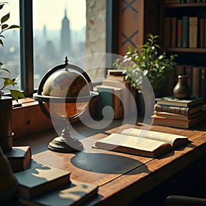 Un rincÃ³n de estudio con un globo terrÃ¡queo antiguo y libros, ideal para la inspiraciÃ³n y el conocimiento photo