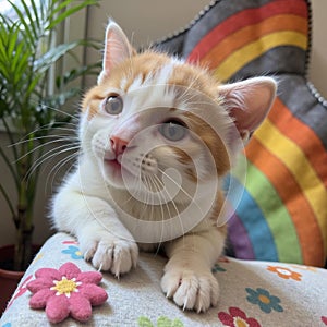 Un tierno gatito de pelaje blanco y naranja posa sobre una superficie decorada con flores photo