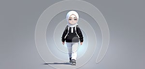 Una joven niña de excursión caminando, vestida con el hiyab, chaqueta negra y pantalón blanco