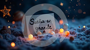 una tarjeta SueÃ±a en grande con dibujos de estrellas, y un cielo oscuro estrellado crean una atmÃ³sfera celestial inspiradora photo