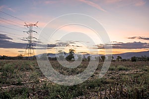 Electrical tower and cables in a field at sunset photo