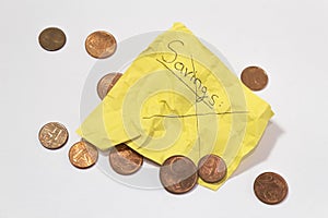 Unable to save money. pennies yellow wrinkled note