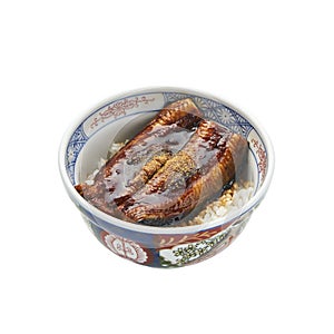 Unagi donburi, Unadon, Japanese eel grilled served with rice in a bowl, isolated on white background, with clipping path