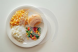 Unappetizing school lunch hospital meal on a plastic plate. Unappealing meal with rice and cooked vegetables Generative AI.