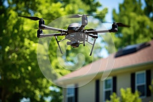 unarmed surveillance drone hovering in quiet neighborhood photo