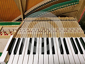 Unarranged and dismantle of old piano key being fixed and repaired, waiting for Professional piano technician sound tuning