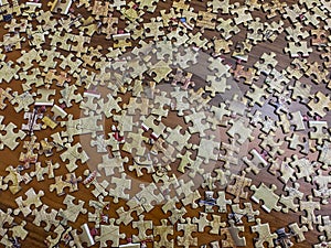 Unassembled puzzle pieces. Color puzzle.