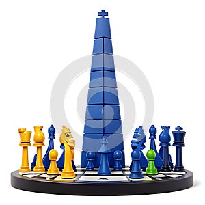 The unattainable king. Unusual 3D chess pieces on white background photo