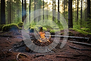 an unattended campfire smoldering in a forest clearing