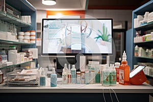 Unattended drugstore counter stocked with health essentials, waiting for clientÃ¨le.