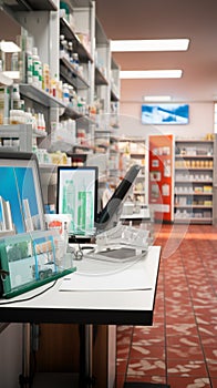 Unattended drugstore counter stocked with health essentials, waiting for clientÃ¨le.