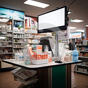 Unattended drugstore counter stocked with health essentials, waiting for clientÃ¨le.