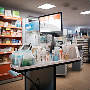 Unattended drugstore counter stocked with health essentials, waiting for clientÃ¨le.