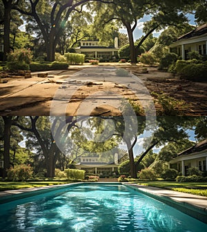 Before and After of An Unattended Mediocre Back Yard to A Beautiful Yard with a Swimming Pool. Generative AI photo