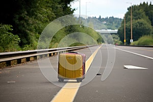 an unattended suitcase by a road-side drop off lane