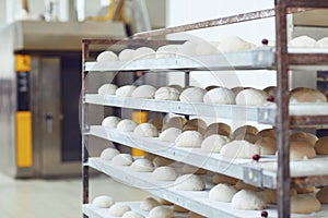 Unbaked buns on shelf in bakery