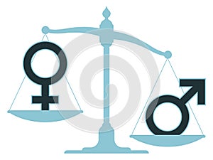 Unbalanced scale with male and female icons photo