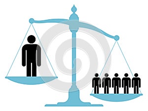 Unbalanced scale with a single man and a group photo